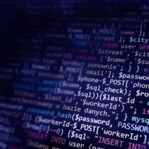 Blue software developer background. Software development by programmer. Abstract computer script code.